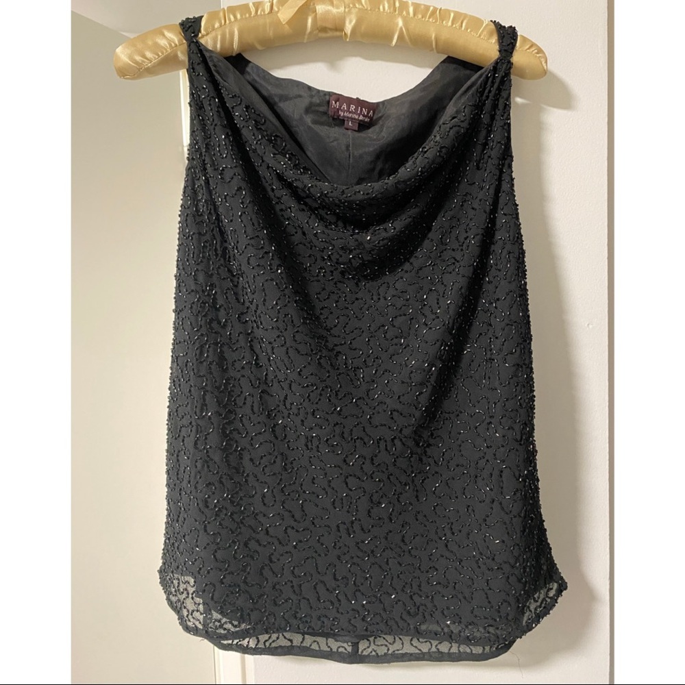 Marina Black Beaded Formal Top, Large with higher neckline